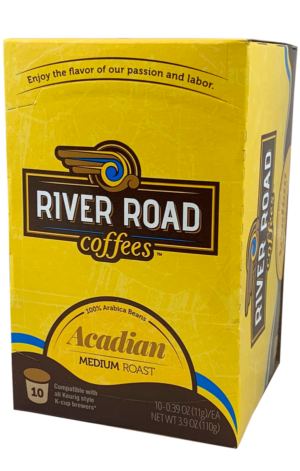 Kcups of coffee box with River Road Coffees logo and acadian roast label
