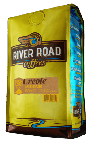 gold coffee bag with blue sides. Logo reads River Road Coffees and includes label reading Creole roast